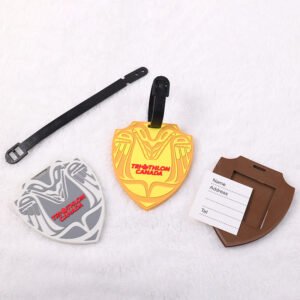 Custom shaped luggage tags in silver, yellow and brown with logo branding