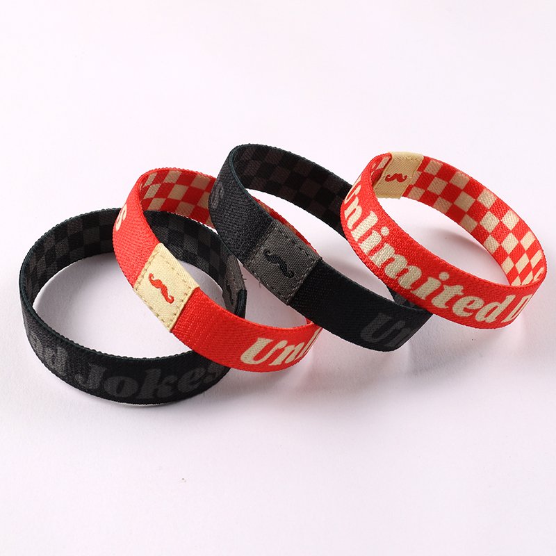 Custom printed elastic wristbands with red black and patterned designs
