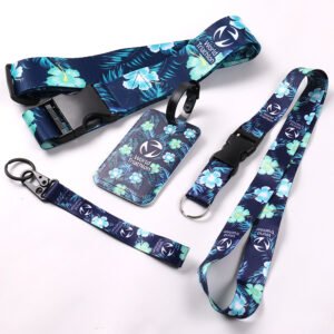 Blue floral custom luggage tags with matching printed straps and logo branding