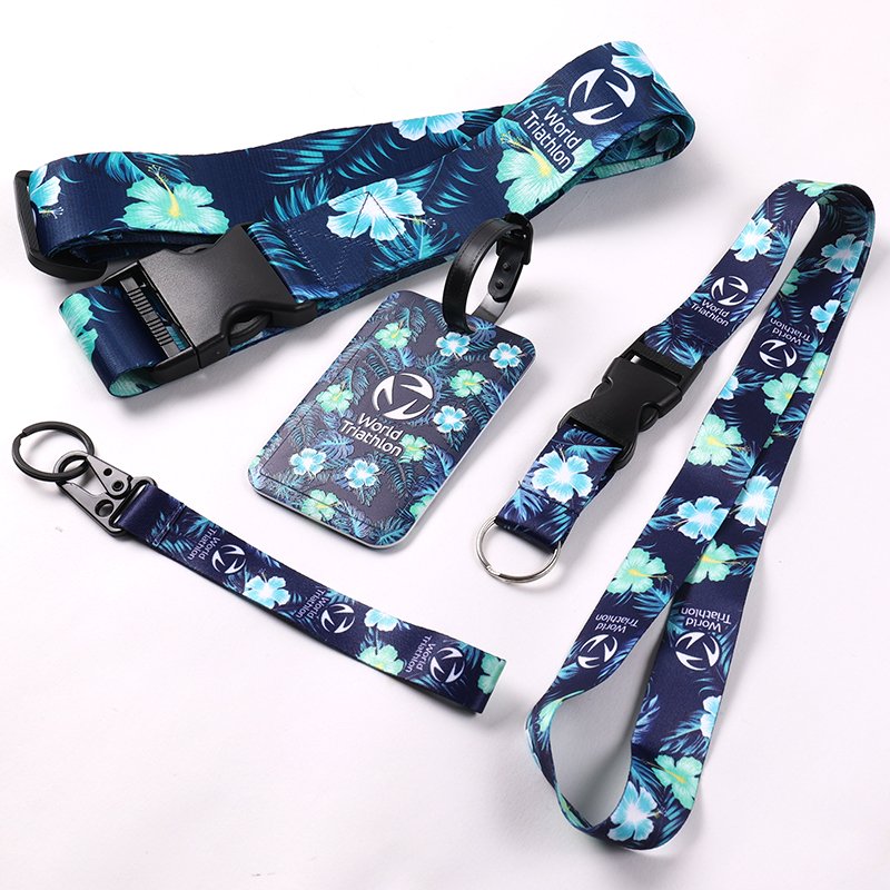 Blue floral custom luggage tags with matching printed straps and logo branding