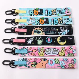 Colorful custom printed wristlet keychains with full-color artwork, snap hooks and key rings