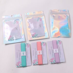 NFC elastic wristbands with custom cards and holographic retail packaging