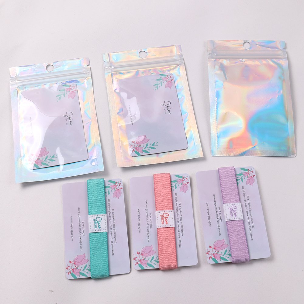 NFC elastic wristbands with custom cards and holographic retail packaging