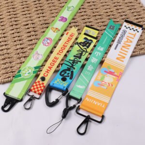 Colorful custom short lanyards and key straps with printed logos, patterns and black metal hooks