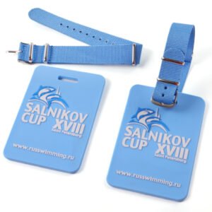 Blue custom luggage tags with white printed logo and adjustable buckle straps