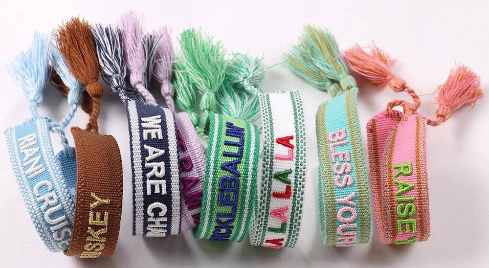 Custom embroidered bracelet color combinations showing high contrast and tone-on-tone embroidery