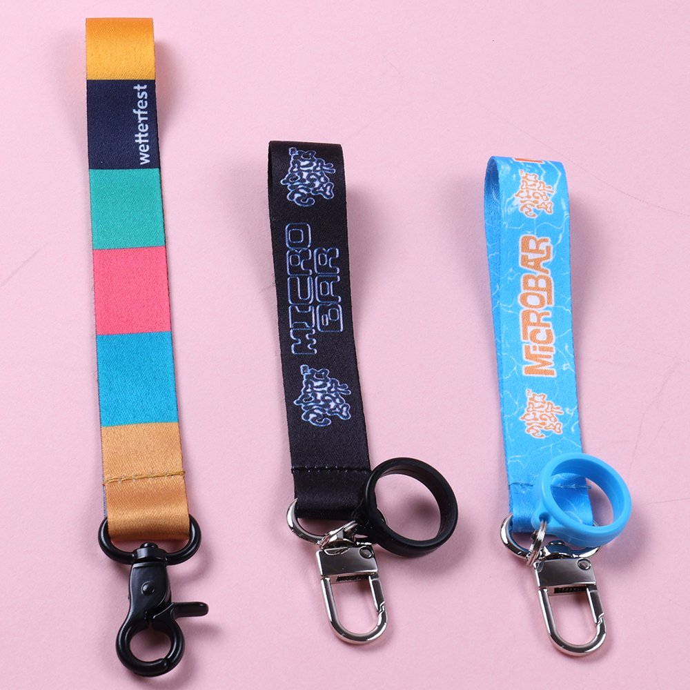 Custom printed polyester key straps with silicone vape rings, metal clips and key rings