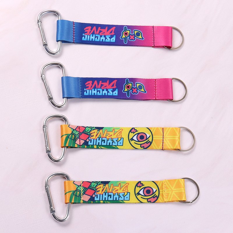 Colorful polyester sublimation key straps with carabiner hooks and metal D rings
