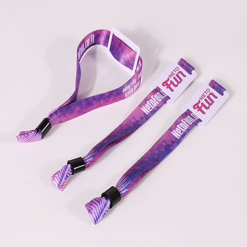 Purple custom printed RFID fabric wristbands with adjustable closures