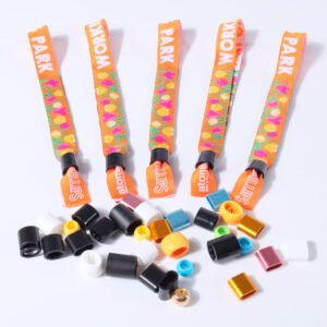 Custom printed fabric wristbands with assorted colorful closure accessories