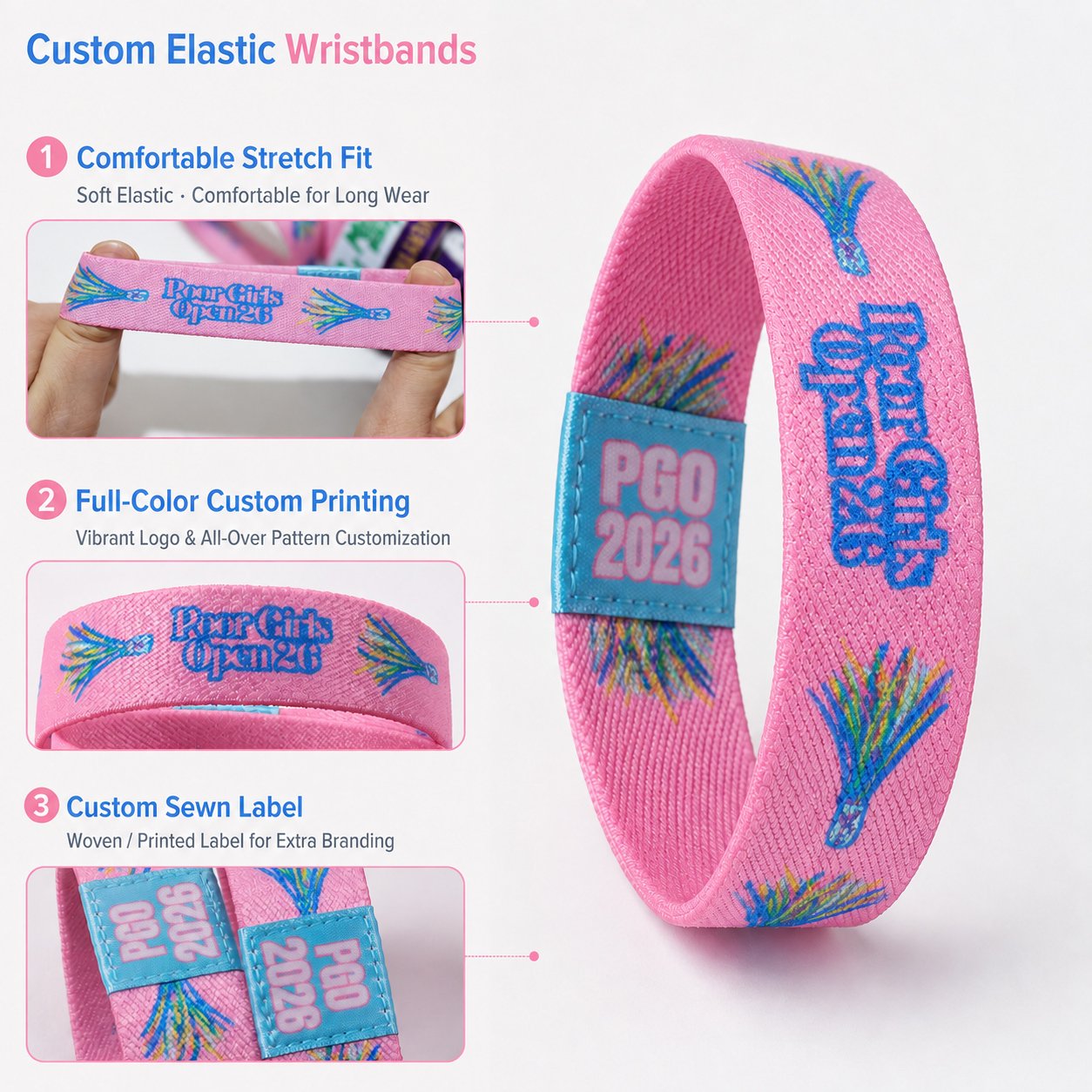 Custom elastic wristband showing outside inside label numbering and packaging branding areas