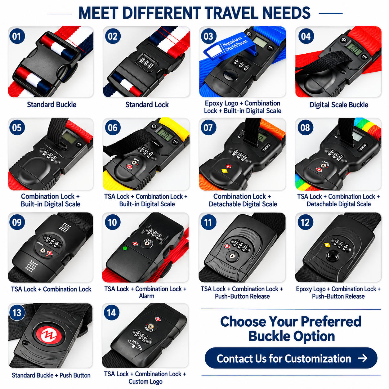 Custom luggage strap buckles including quick release, combination lock, TSA lock and multifunctional options