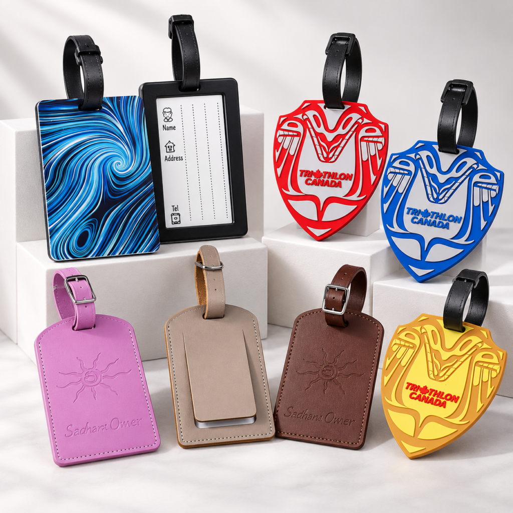 Custom luggage tags in soft PVC, PU leather and acrylic with different shapes and logo designs