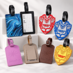 Custom luggage tags in soft PVC, PU leather and acrylic with different shapes and logo designs