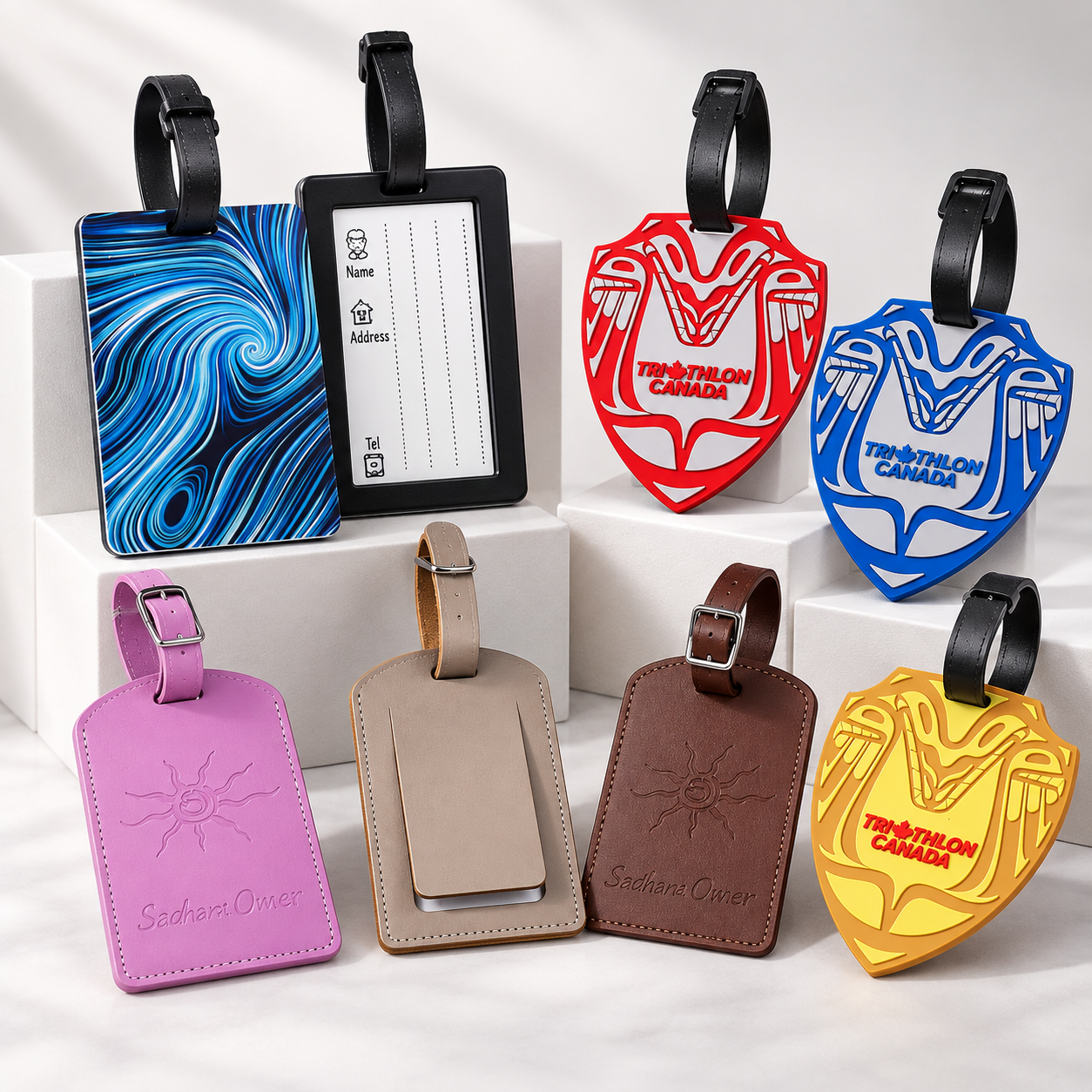 Custom luggage tags in soft PVC, PU leather and acrylic with different shapes and logo designs