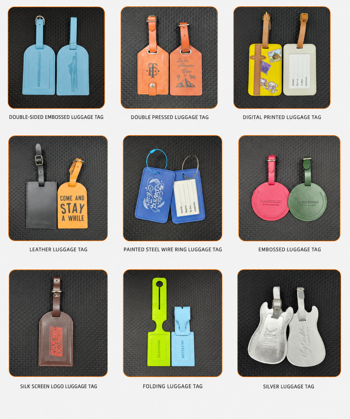 Custom luggage tags including embossed, printed, leather, folding and steel wire ring styles