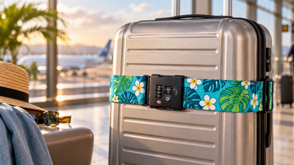 Custom printed luggage strap with TSA-style lock wrapped around a hard-shell suitcase at an airport
