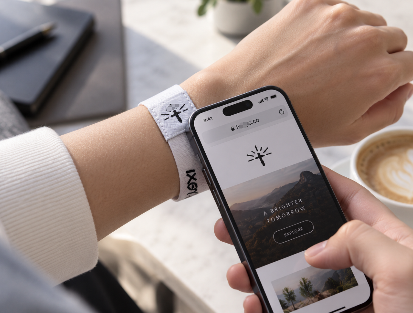 Person tapping a custom NFC elastic wristband with a smartphone