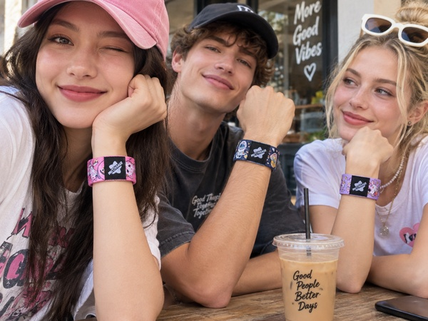 eople wearing custom elastic wristbands with colorful branded designs