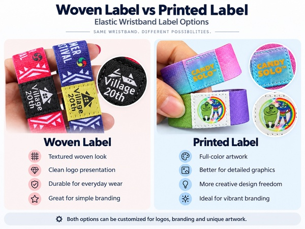 Woven label and full-color printed label options for elastic wristbands