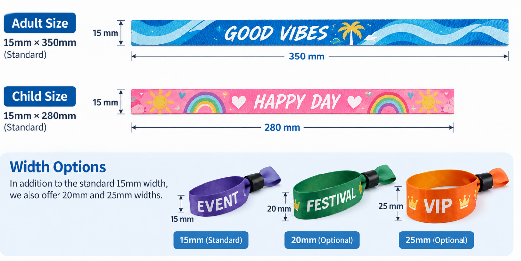 Fabric wristband size guide with 15mm 20mm and 25mm width options