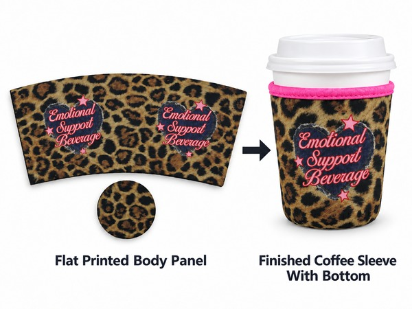 Flat printed neoprene panel showing how one-sided sublimation becomes full-wrap coffee sleeve printing