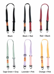 Six adjustable straps in black, black and red, red and black, sage green and gray, lavender and pink, and orange and pink