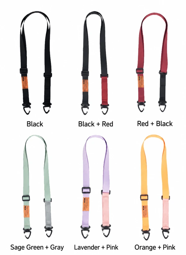 Six adjustable straps in black, black and red, red and black, sage green and gray, lavender and pink, and orange and pink