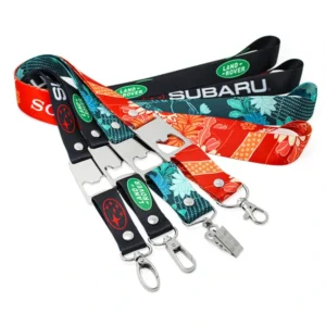 Assorted printed automotive-logo lanyards with silver-colored integrated bottle openers and swivel clips