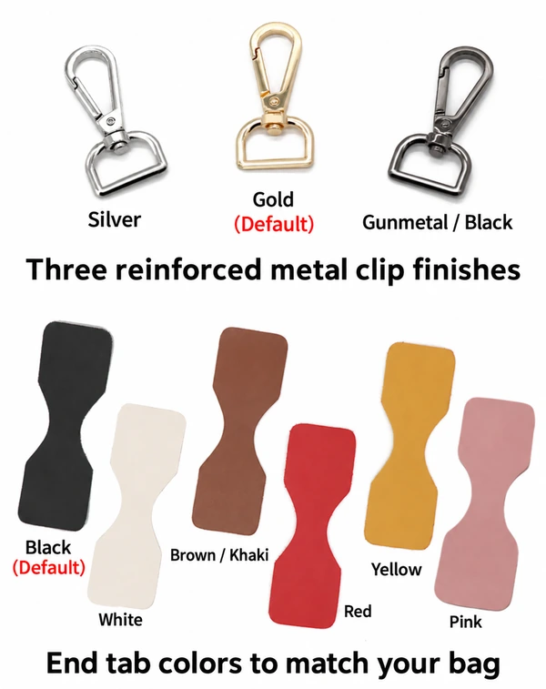 Silver-colored, gold-colored and dark metal clips above assorted colored strap end tabs