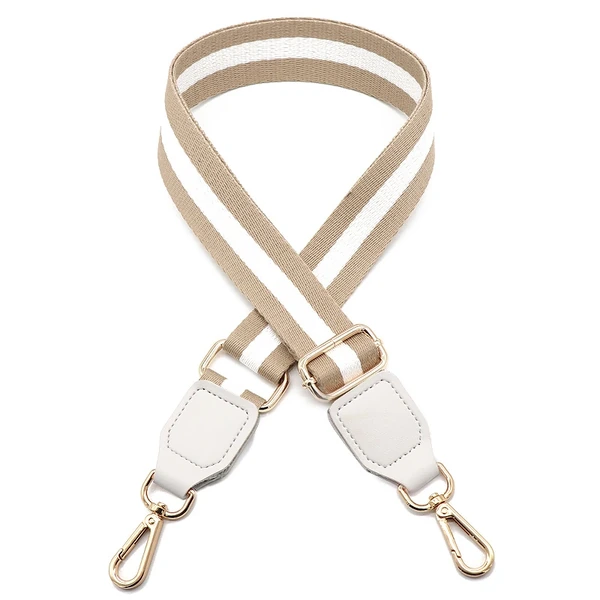Beige and white striped shoulder strap with white end tabs and gold-colored metal clips