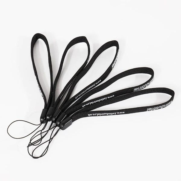 Five black printed wrist straps with black connectors and thin cord attachment loops