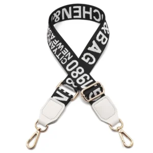 Black adjustable shoulder strap with large white lettering, white end tabs and gold-colored clips