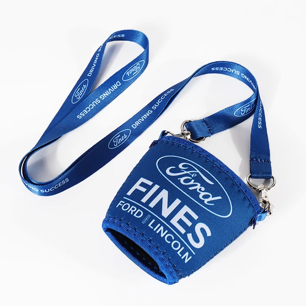 Blue can cooler with white printed lettering, shown flat with a matching printed lanyard and metal clips