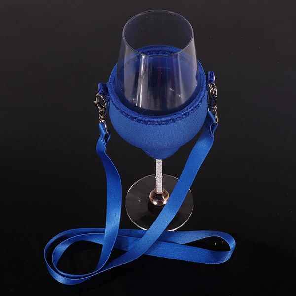 Blue holder supporting a stemmed wine glass with a matching blue neck strap and metal clips