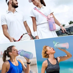 Collage showing adults with pastel water bottles and bottle carriers during outdoor and sports activities