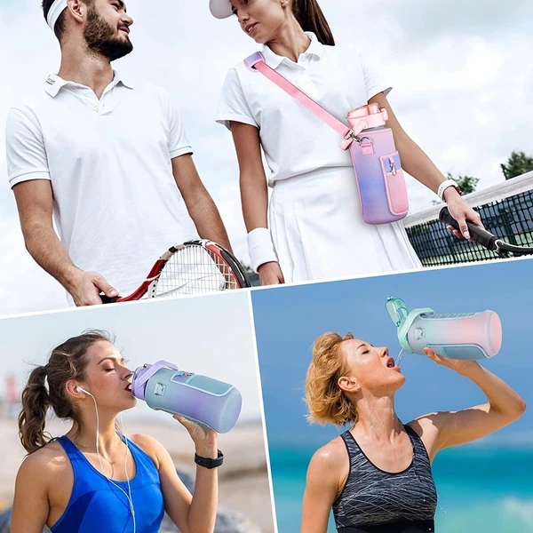 Collage showing adults with pastel water bottles and bottle carriers during outdoor and sports activities