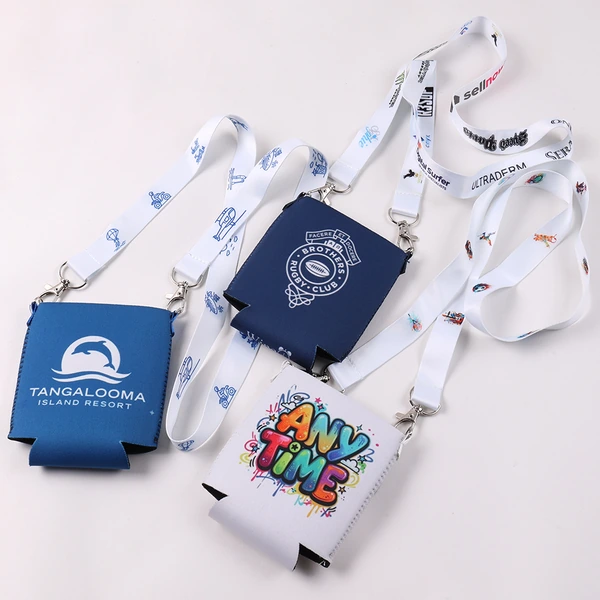 Blue, navy and white printed can coolers attached to white logo printed lanyards