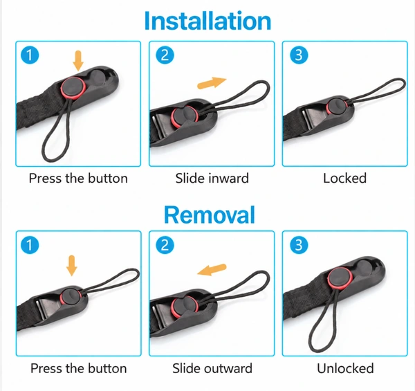 Six panels showing how to press and slide a camera strap connector to attach or remove its cord loop