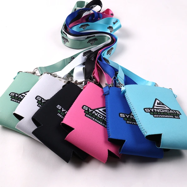 Flat multicolor can coolers with printed lanyards and metal clips