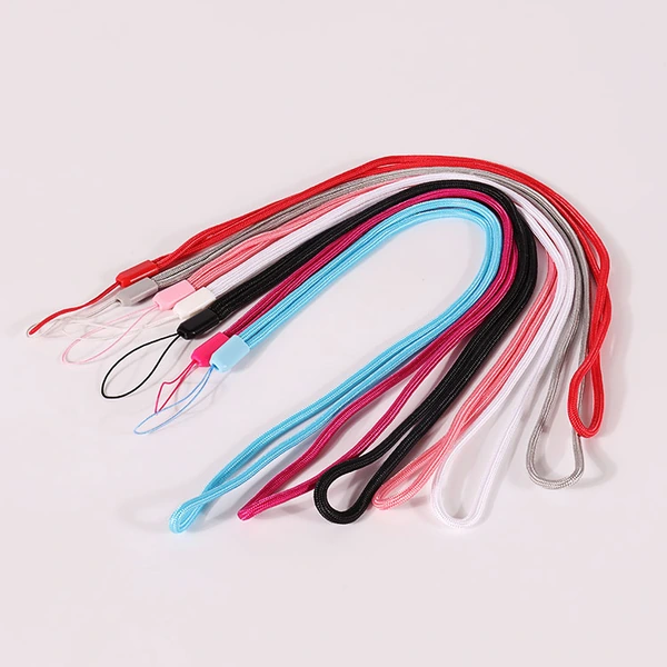 Assorted red, white, black, pink and light blue short straps with thin cord attachment loops
