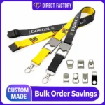 Yellow and black printed lanyards with integrated bottle openers, swivel clips and seven loose metal opener samples