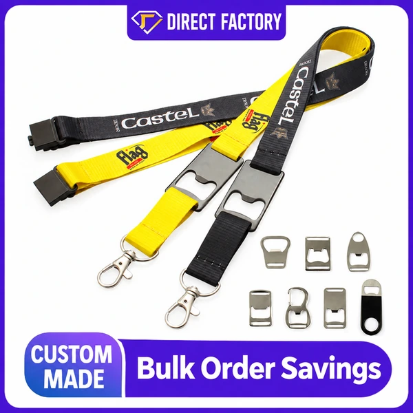 Yellow and black printed lanyards with integrated bottle openers, swivel clips and seven loose metal opener samples