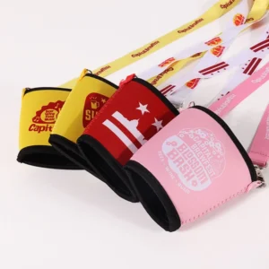 Yellow, red and pink printed can coolers shown flat with black edging and matching printed lanyards