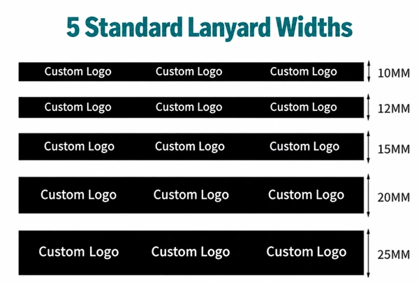 Five lanyard width options labeled 10, 12, 15, 20 and 25 mm with custom logo positions