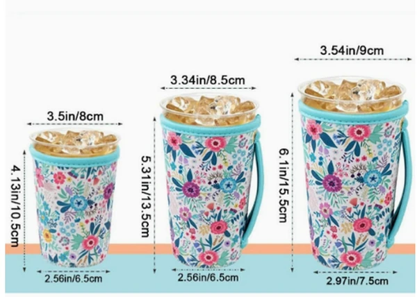 Three floral sleeves on clear iced drink cups with diameter and height measurements shown
