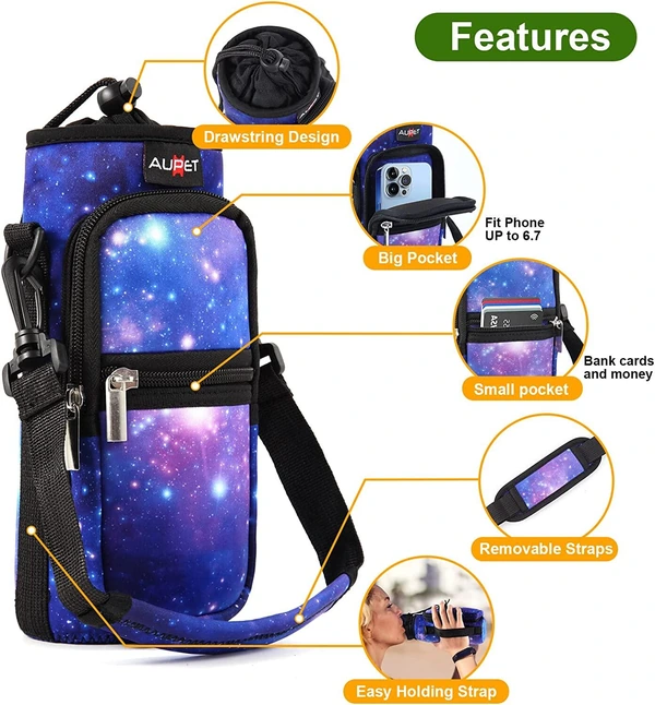 Galaxy print bottle carrier feature diagram showing drawstring top, pockets, adjustable strap and attachment details