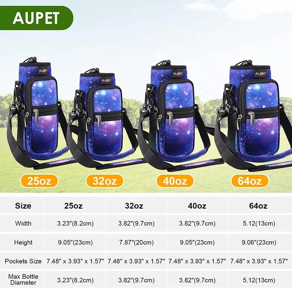 Bottle carrier size chart comparing galaxy print holders labeled 25oz, 32oz, 40oz and 64oz