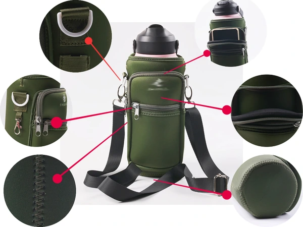 Green bottle carrier detail collage with red arrows highlighting metal rings, zipper, stitching and base