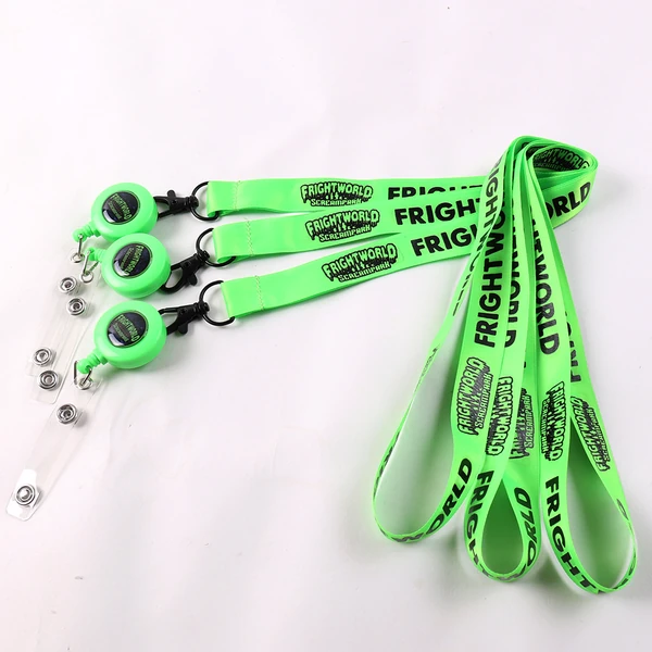 Bright green printed lanyards connected to green round badge reels